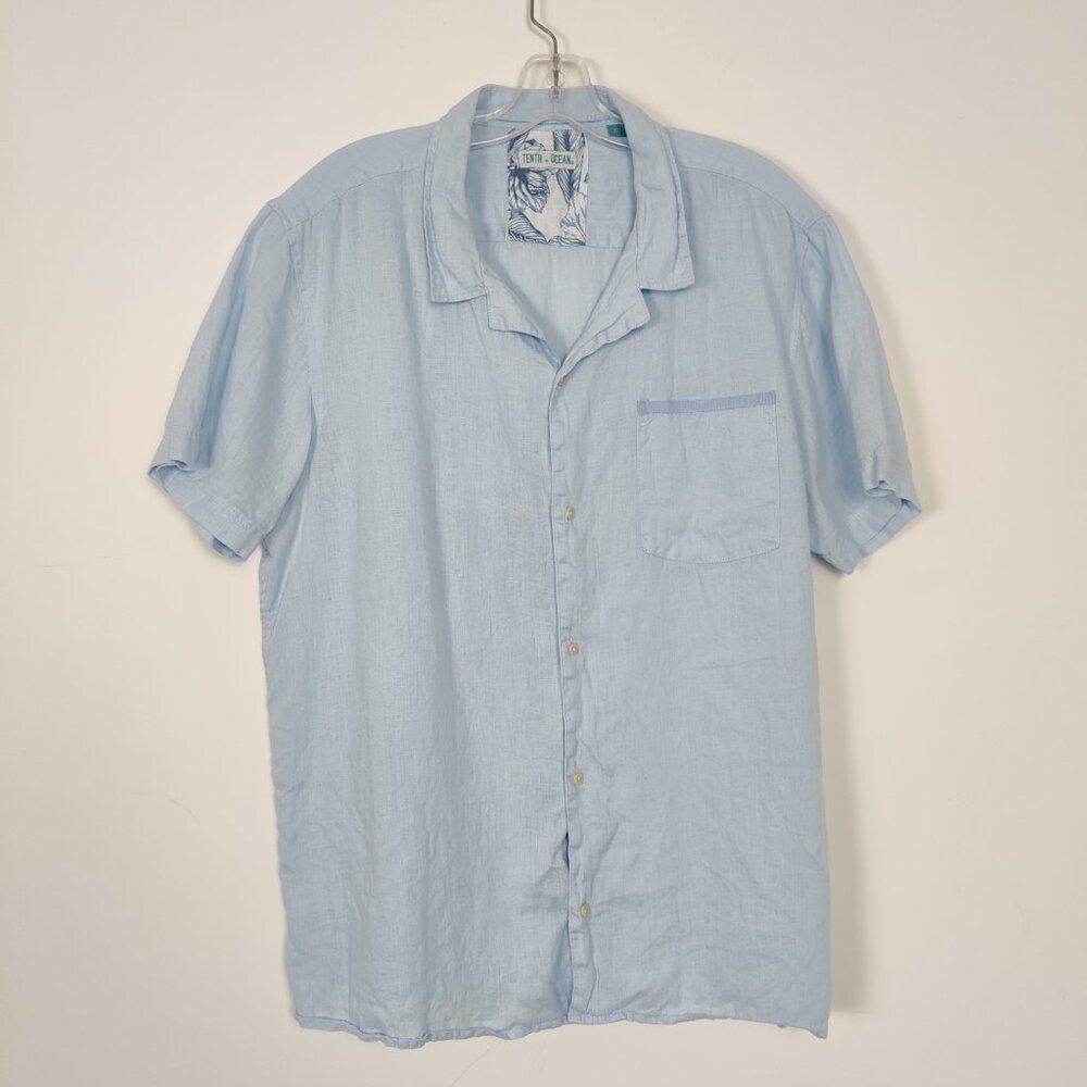 Tenth + Ocean Men's Button Down Blue Shirt Size XL 100% Linen Beach Resort